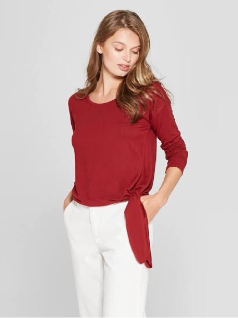 gibsonlook Red Waffle Knit Long Sleeve Crewneck Knot Long Sleeve Top Shirt Small